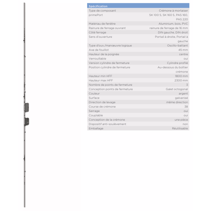 4927164 WINKHAUS crémone GAMA - axe 45mm / 1800-2300mm poignée au centre