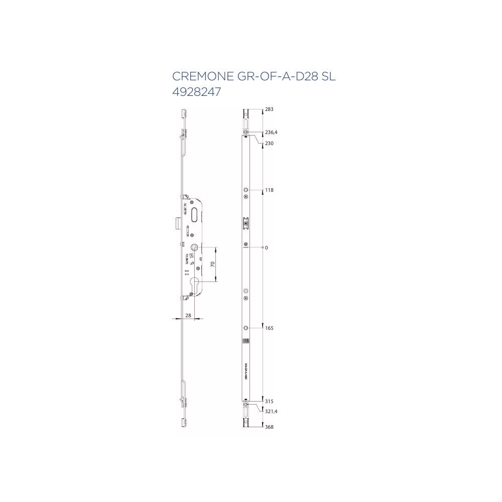 4928247 WINKHAUS Serrure coffre central axe 28mm / entraxe 70mm
