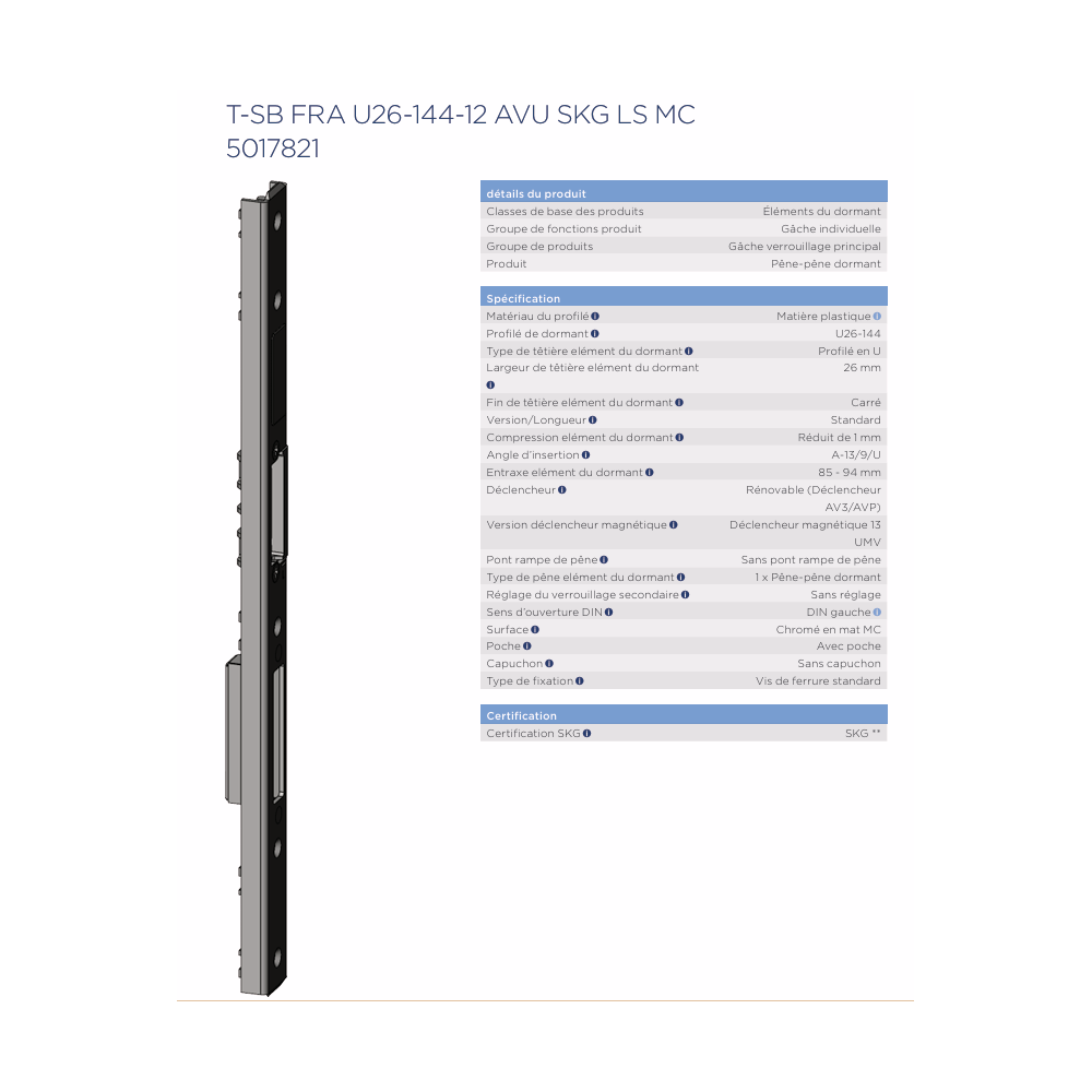 5017821 WINKHAUS Gâche centrale gauche PVC