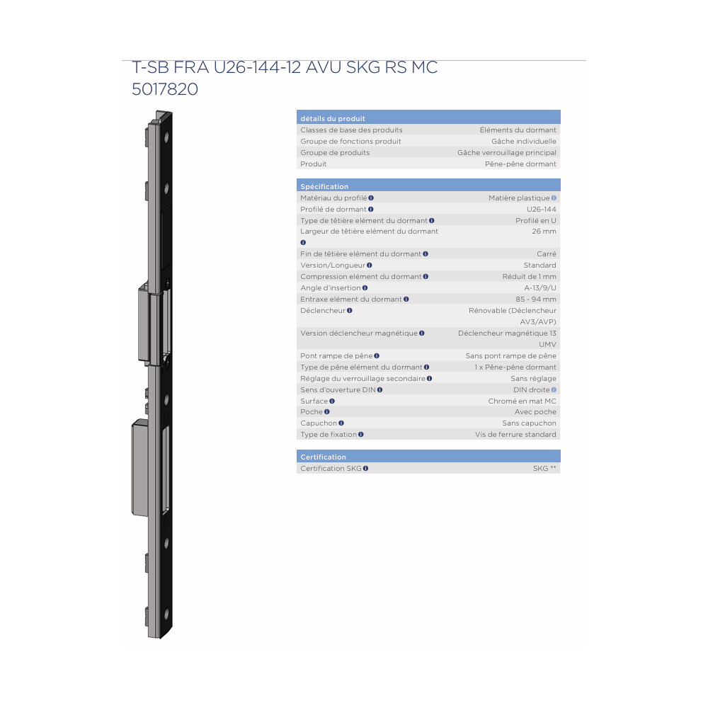 5017820 WINKHAUS Gâche centrale droite PVC