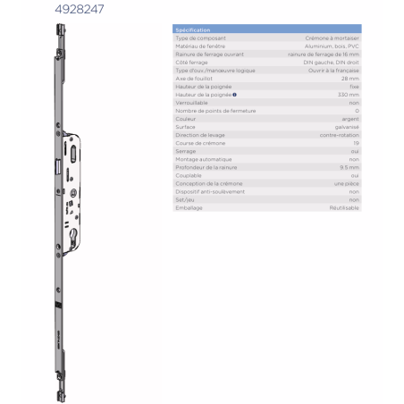 4928247 WINKHAUS Serrure coffre central axe 35mm / entraxe 70mm