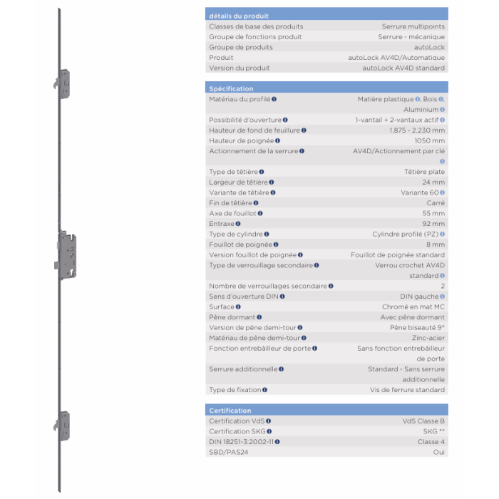5099636 WINKHAUS serrure automatique - axe 55/ entraxe 92 / 2 crochets