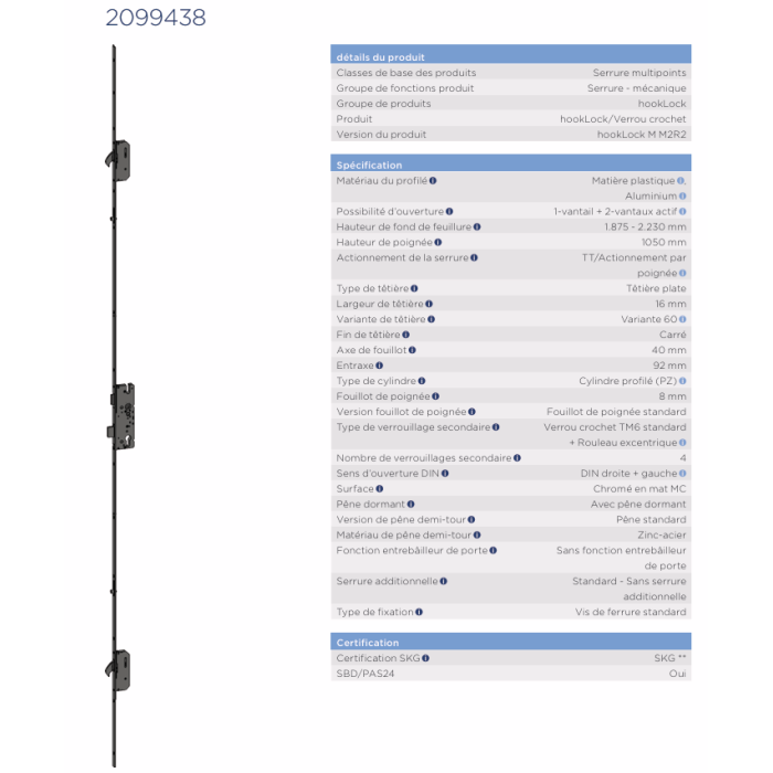 2099438 WINKHAUS serrure à relevage - axe 40/ entraxe 92 / 2 crochets-2rouleaux