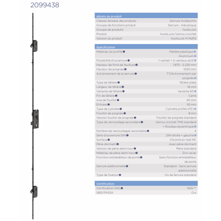 2099438 WINKHAUS serrure à relevage - axe 40/ entraxe 92 / 2 crochets-2rouleaux