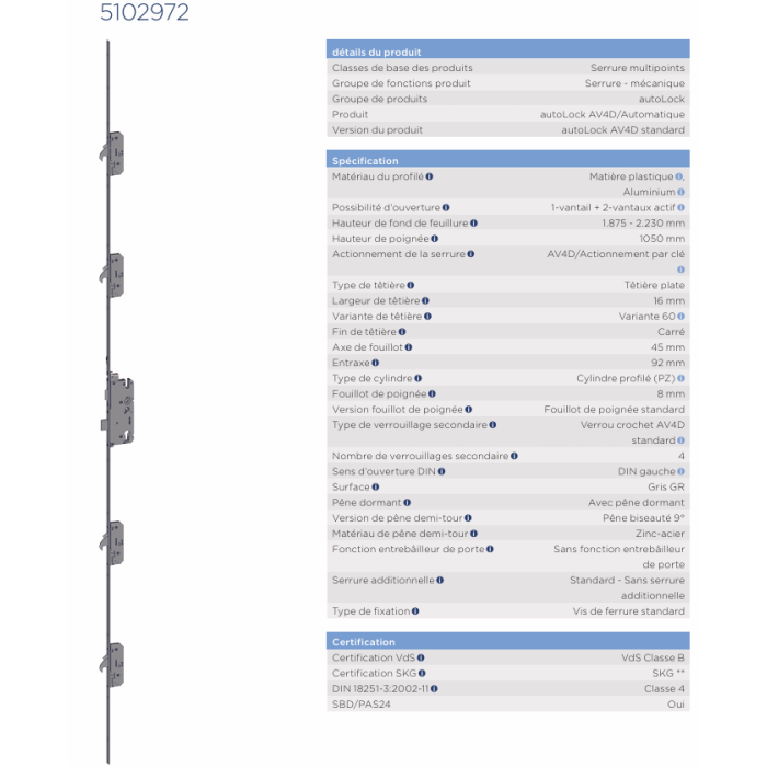 5102972  WINKHAUS serrure automatique - axe 45/ entraxe 92 / 4 crochets