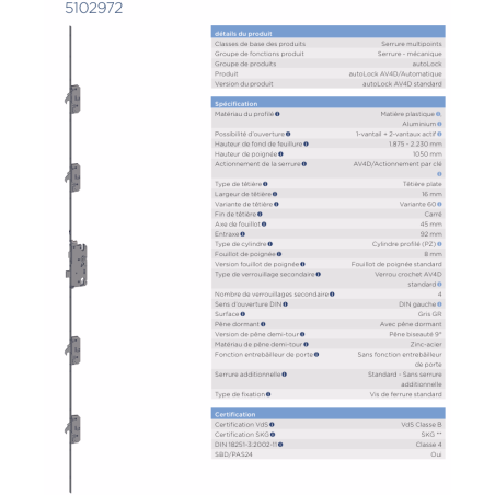 5102972  WINKHAUS serrure automatique - axe 45/ entraxe 92 / 4 crochets