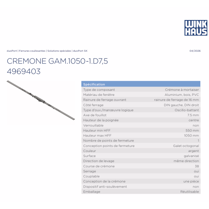 4969403 WINKHAUS crémone GAM - axe 7,5mm / 1050mm /poignée au milieu