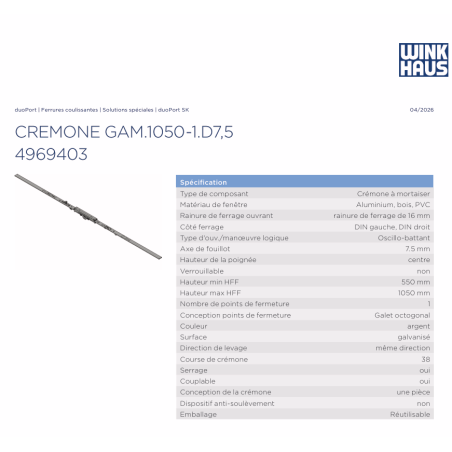 4969403 WINKHAUS crémone GAM - axe 7,5mm / 1050mm /poignée au milieu