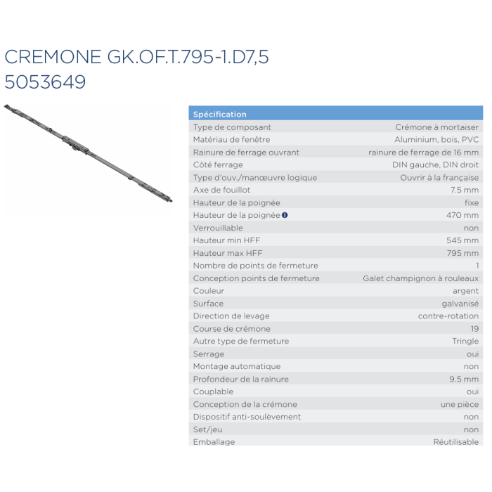 5053649 WINKHAUS crémone GK OF-T 795-1 - axe 7,5mm -poignée à 470