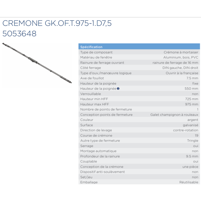 5053648 WINKHAUS crémone GK OF-T 975-1 - axe 7,5mm -poignée à 550