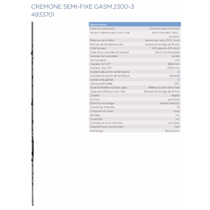 4933701 WINKHAUS crémone GASM/2300