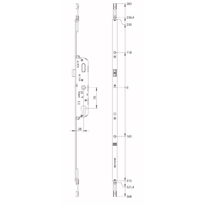 4928247 WINKHAUS Serrure coffre central axe 28mm / entraxe 70mm