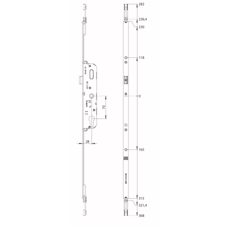 4928247 WINKHAUS Serrure coffre central axe 28mm / entraxe 70mm