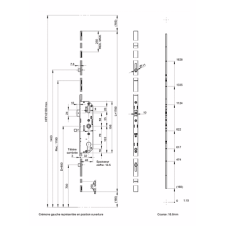 FERCO crémone à barillet R2 DF/DV - axe 32 / entraxe 70