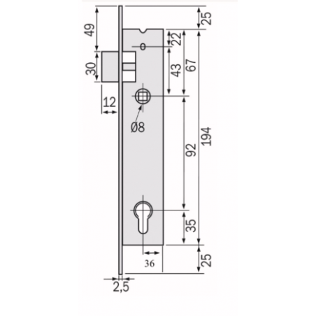Serrure STREMLER série 2241 manœuvre au cylindre - axe 21/ entraxe 92 /1 point / T.P 22x2.5
