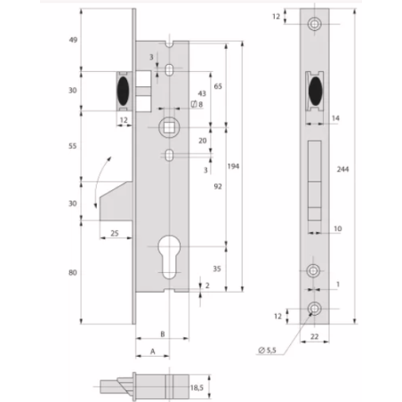 Serrure STREMLER série 2360 manœuvre au cylindre - axe 24 / entraxe 92 / 1point / T.P 22x2.5