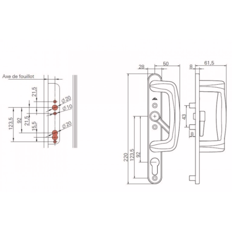 613243 ROTO poignée intérieure pour coulissant / perçage cylindre avec levier blanc