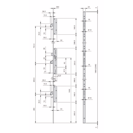 Serrure ISEO Multiblindo - axe 28mm / 3 pênes basculants / T.U 24X6