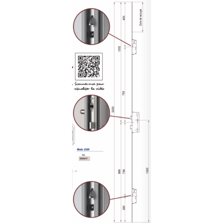 2020845 ROTO serrure TANDEO auto- axe 55 / entraxe 92 / 2 crochets – 2 demi tours – TU 24x6mm