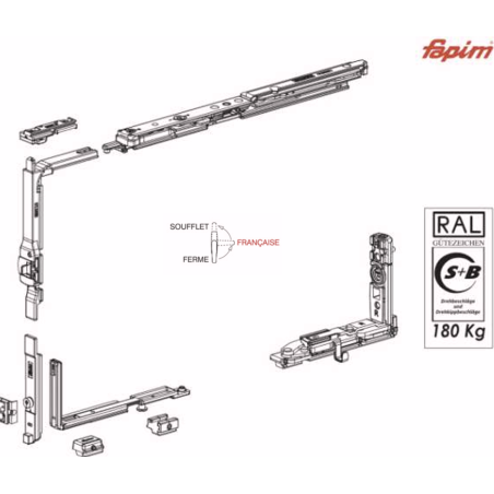 FAPIM-kit pour OB Magicube manoeuvre traditionnelle - paumelles cachées et compas droit court 422-900mm 130KG