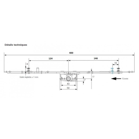 628483 ROTO crémone de coulissant /axe 17mm / L400mm / poignée à 200mm